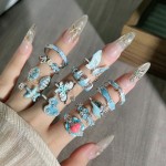 星蓝花屿童话风冰蓝渐变氛围感蝴蝶花朵戒指女小众设计感甜酷指环