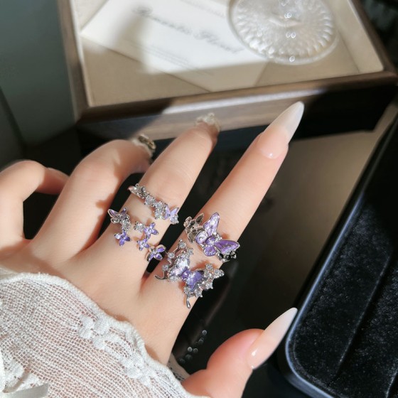 网红甜酷风紫色珐琅蝴蝶开口戒指女冷淡风小众设计感轻奢百搭指环