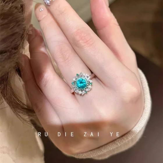 蓝楹花~清冷蓝钻花环戒指帕拉伊巴轻奢显白高级感开口戒