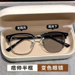 感光变色半框眼镜男款大脸防蓝光时尚眼镜女可配度数平光眼睛