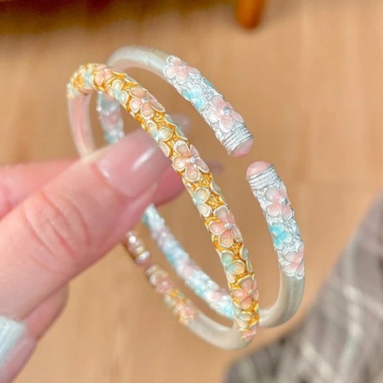 【精工】「花间棠」描金春樱金缕樱花手镯女手工开口手饰手环饰品