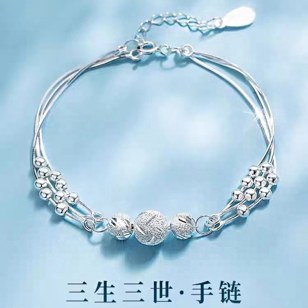 新款女士纯银手链转运珠三生三世手链女多层珠情人节手链手镯