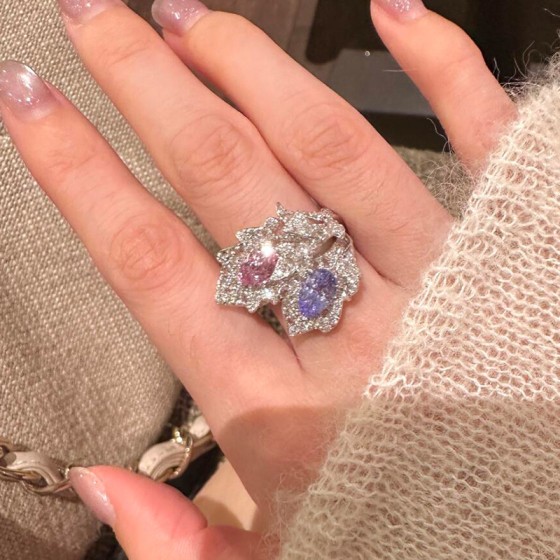 超闪满钻闪钻时尚羽毛戒指女款开口可调节食指指环 ins潮小众夸张