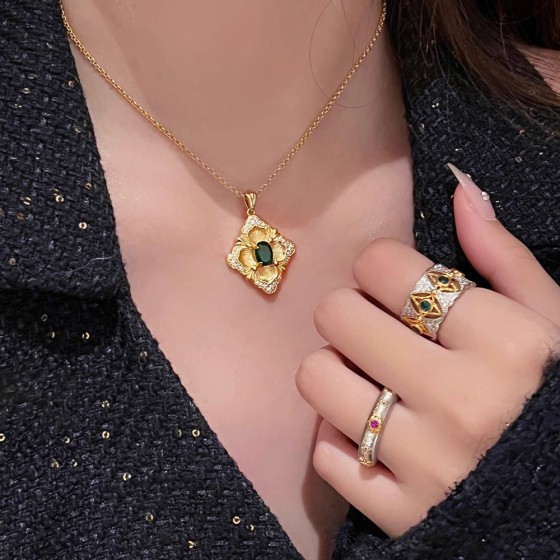中古vintage祖母绿钻戒 布契拉丝红刚玉双金色潮戒指女轻奢高级感