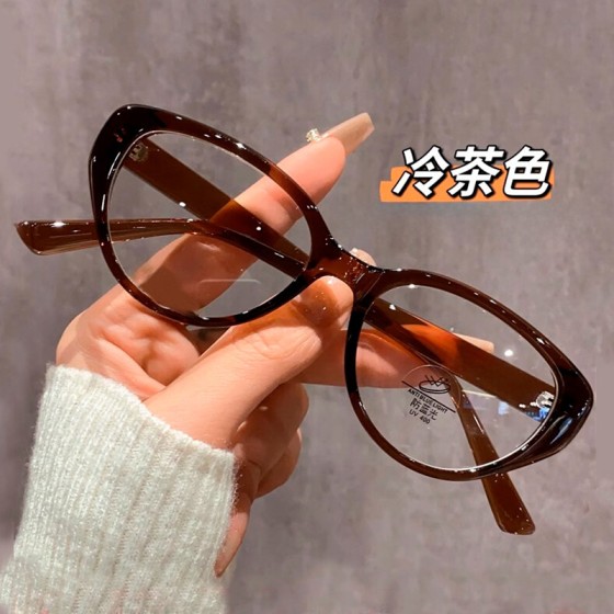 爆款冷茶色猫眼防蓝光近视眼镜女轻盈复古椭圆框可配度数平光镜架