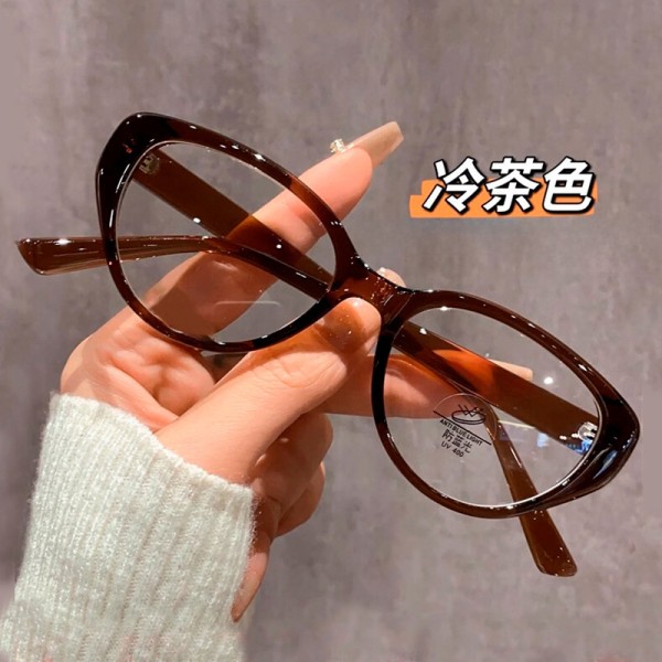 爆款冷茶色猫眼防蓝光近视眼镜女轻盈复古椭圆框可配度数平光镜架