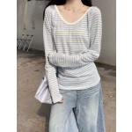 野媛 复古条纹v领防晒罩衫女夏季小众学生修身百搭潮流防晒服上衣