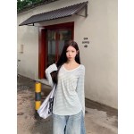 野媛 复古条纹v领防晒罩衫女夏季小众学生修身百搭潮流防晒服上衣