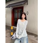 野媛 复古条纹v领防晒罩衫女夏季小众学生修身百搭潮流防晒服上衣