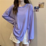 薄款开叉防晒长袖T恤女2025新款纯色上衣宽松空调罩衫夏季打底衫