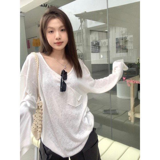 白色薄款长袖防晒罩衫T恤女夏季新款慵懒风宽松显瘦内搭舞蹈上衣