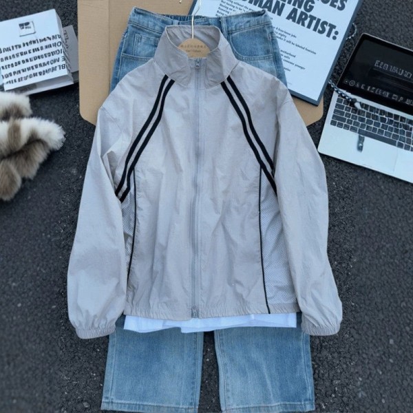 美式风立领拉链夹克男灰色轻薄防晒运动外套百搭骑行上衣服潮夏季
