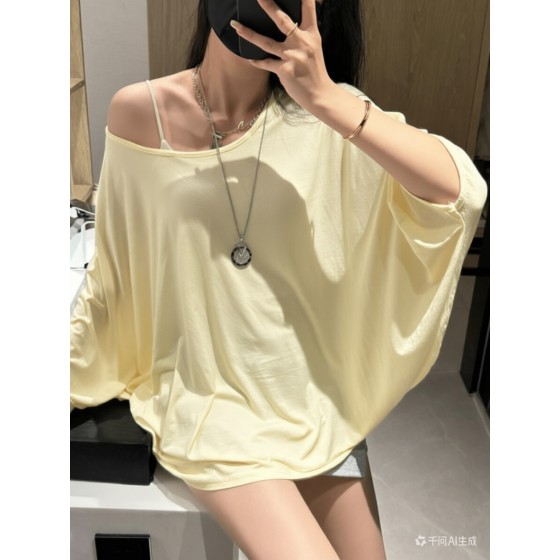 松弛感蝙蝠袖防晒罩衫T恤女春款2026新款露肩设计感休闲长袖上衣