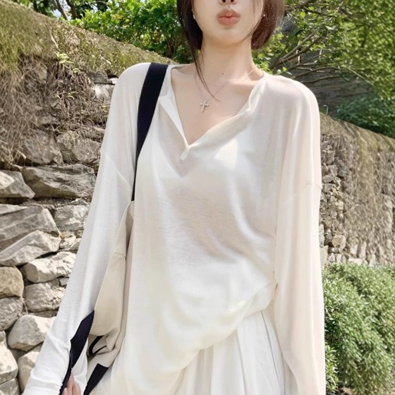 2088fs#防晒罩衫2025新款微透长袖t恤薄款外搭早秋白色薄纱上衣