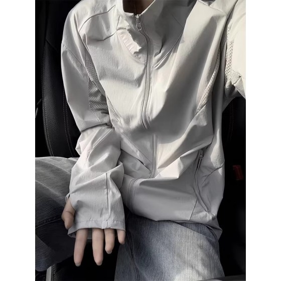 浅灰色男士原纱防晒衣凉感冰丝美式运动外套立领透气轻薄款冲锋衣