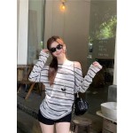 简漫妮夏季防晒罩衫女撞色条纹长袖T恤高级感显瘦百搭一字肩上衣