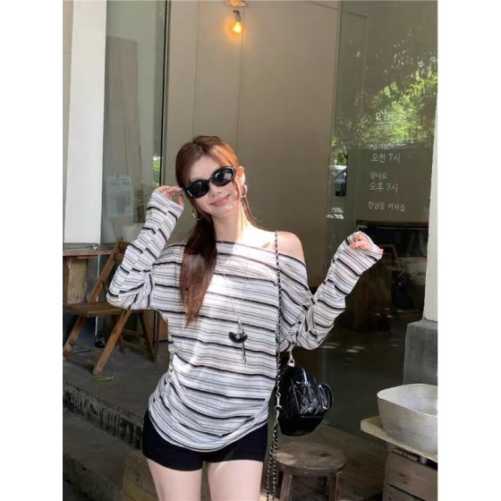 简漫妮夏季防晒罩衫女撞色条纹长袖T恤高级感显瘦百搭一字肩上衣