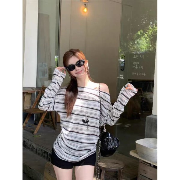 简漫妮夏季防晒罩衫女撞色条纹长袖T恤高级感显瘦百搭一字肩上衣