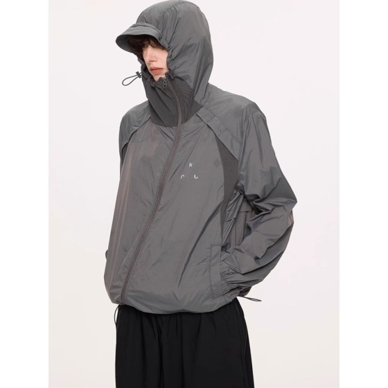 美式冰丝速干户外防晒衣男夏季新款设计感面罩连帽斜拉链透气外套
