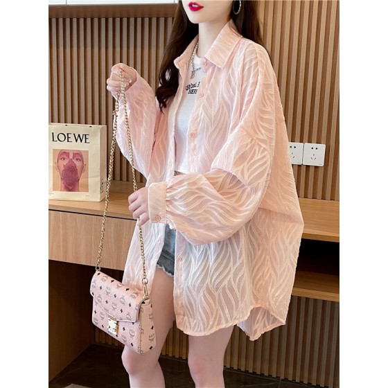 跨境夏季防晒衣女时尚波浪纹薄款提花休闲长袖开衫polo领外套女潮