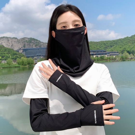 防晒面罩男女挂耳围脖套冰丝防紫外线透气骑行护颈遮全脸面纱手袖