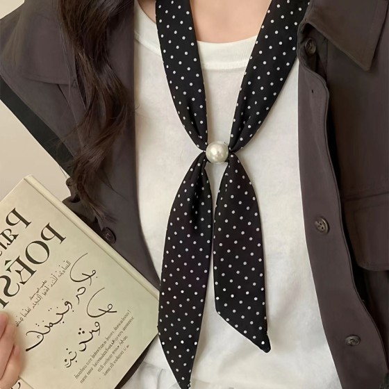 韩系黑色波点丝巾发带女小众设计高级感长条丝带脖饰时尚衬衫配饰