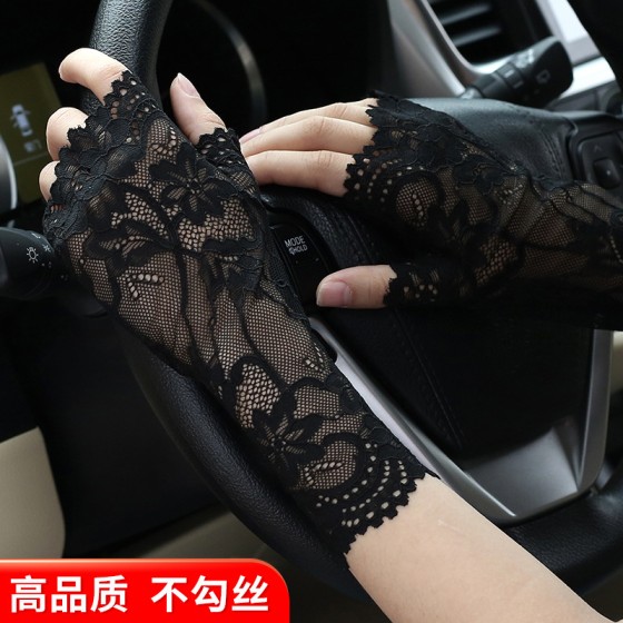 厂家批发蕾丝防晒手套女半指夏季簿款露指可触屏开车骑行遮疤纹身