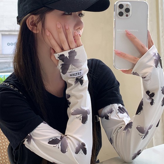渐变蝴蝶冰丝防晒袖套可爱女防紫外线手套夏季骑行开车护手臂冰袖