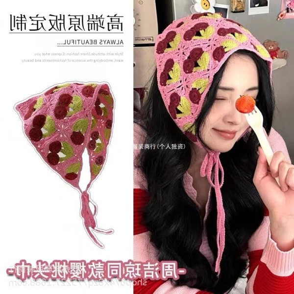 周洁琼同款樱桃头巾发带女拍照辣妹田园风发饰针织软妹复古三角巾