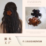 源头工厂纯手工真皮发花女士头层牛皮时尚发夹纯牛皮花朵配饰发圈