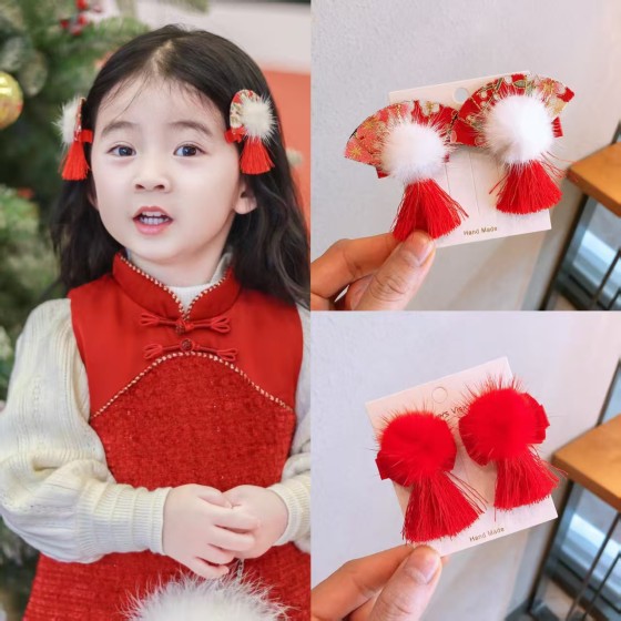 红色节日新年套装国风流苏发夹儿童发饰婴幼儿包布夹边夹春节卡装