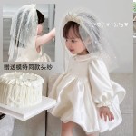 女童白色公主裙周岁礼服春季新款儿童生日花童蓬蓬裙头纱连衣裙