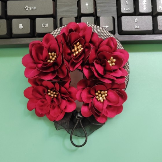 丸子头神器缎面山茶花抽绳发网头花发绳网兜盘发发套发圈妈妈头饰