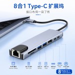 8合1Type-C扩展坞USB-C转HDMI网口PD快充读卡器笔记本HUB跨境