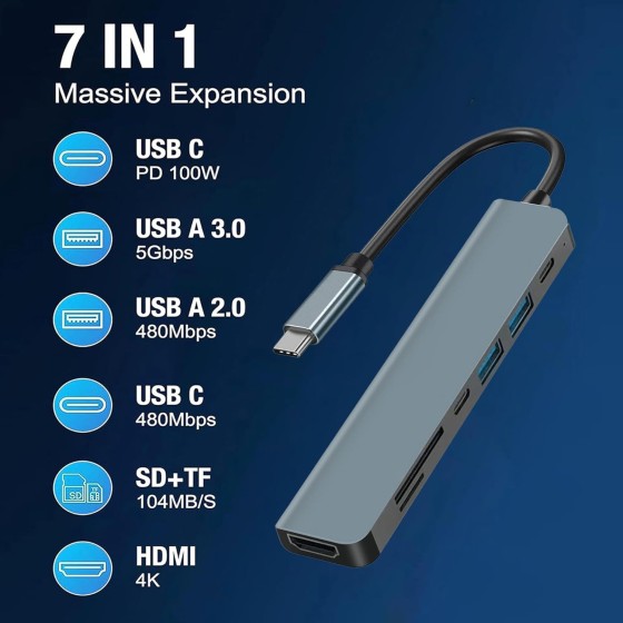 type-c转hdmi高清4K拓展坞USB3.0HUB分线器usb-c多功能7合1扩展坞