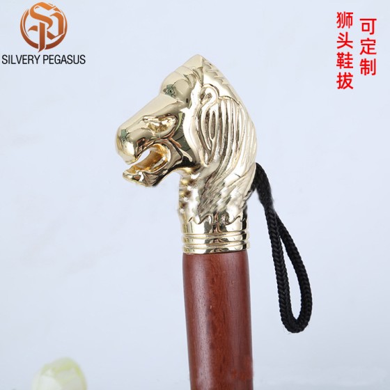 金属锌合金电镀黄铜色狮头鞋拔中间榉木鞋辅具狮子头不弯腰穿鞋器