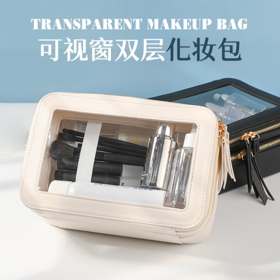 现货新款女士洗漱包出差旅行防水收纳大容量手提pu双层透明化妆包