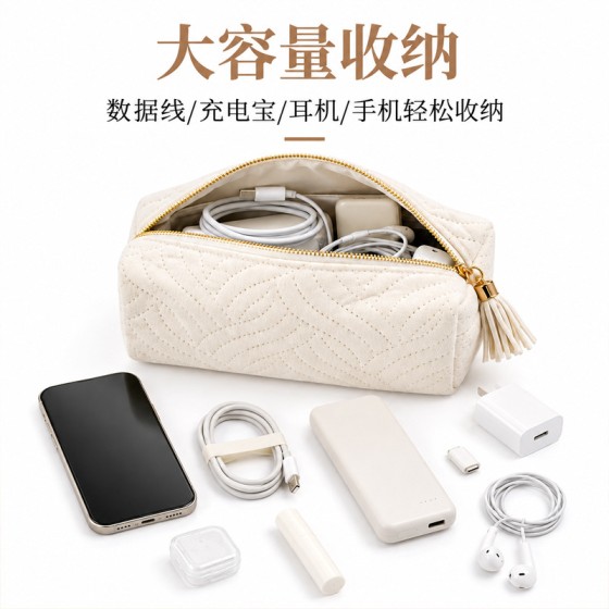 新款绒布压纹收纳包轻便美妆洗漱化妆包日常杂物配件流苏收纳袋