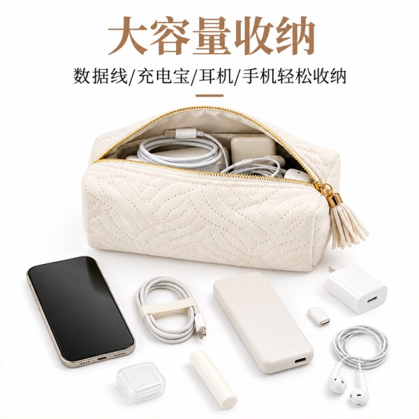 新款绒布压纹收纳包轻便美妆洗漱化妆包日常杂物配件流苏收纳袋