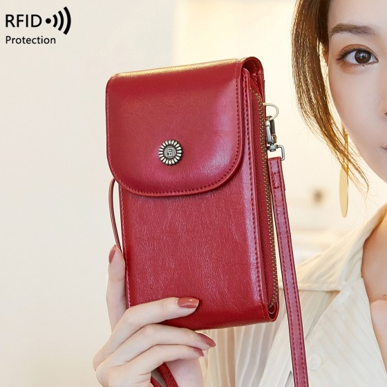 跨境2024新款RFID防磁手机包复古油蜡皮手机袋百搭女士单肩斜挎包