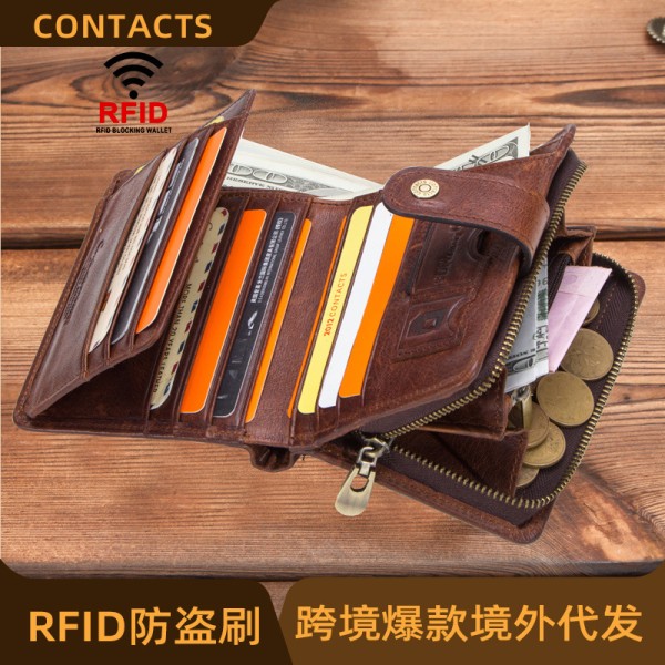 黑天使工厂货源RFID疯马牛皮多功能男士钱包真皮手拿包跨境代发