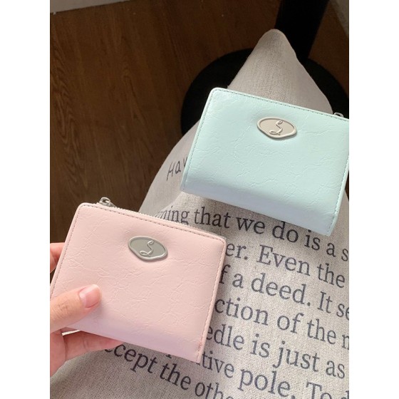 信封钱包~褶皱纹路女士钱包简约两折可折叠拉链皮革钱夹财布简约