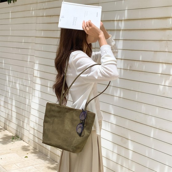 秋冬麂皮绒水桶包时尚小众菜篮子通勤托特包大容量复古单肩包包女