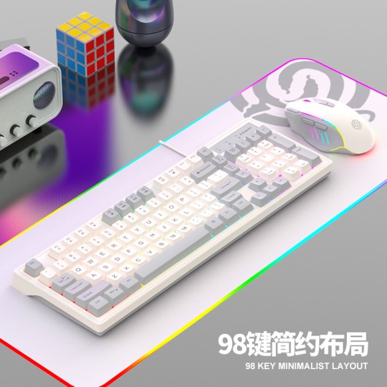 糖果喵蝰蛇KM800机械手感电竞游戏键盘鼠标有线发光套装98键办公