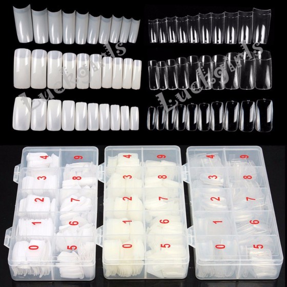 批发美甲工具成品500片盒装自然色透明白色指甲片全贴法式假指甲