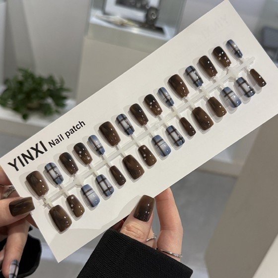 预制甲栗子蓝格纹中方穿戴美甲秋冬新款纯欲轻奢风30片全码假甲片
