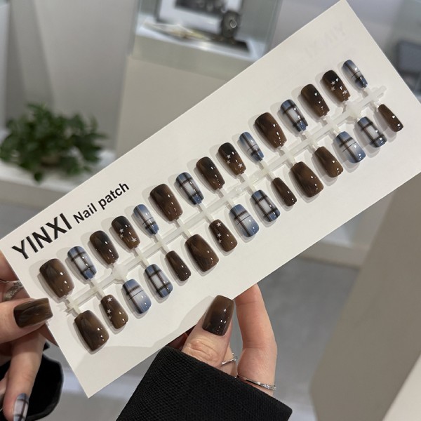 预制甲栗子蓝格纹中方穿戴美甲秋冬新款纯欲轻奢风30片全码假甲片