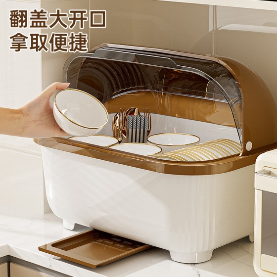 跨境碗柜厨房碗碟碗盘收纳架家用带盖防尘餐具置地式沥水盘收纳盒