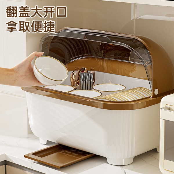 跨境碗柜厨房碗碟碗盘收纳架家用带盖防尘餐具置地式沥水盘收纳盒