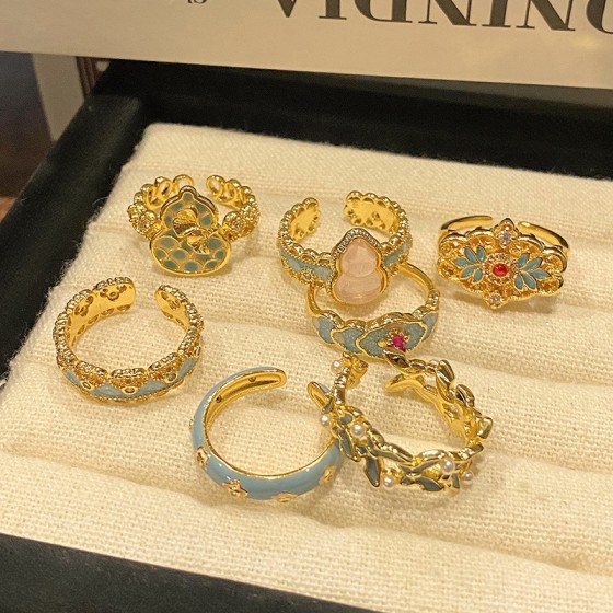 中古轻奢百搭精致滴油指环新中式国潮风珐琅烧蓝蕾丝葫芦开口戒指